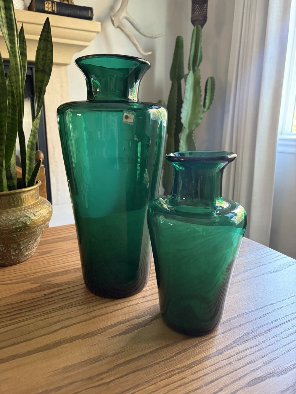 Vintage 1970s Midcentury BLENKO Hand Blown Glass Vase Pair Emerald Green Vases